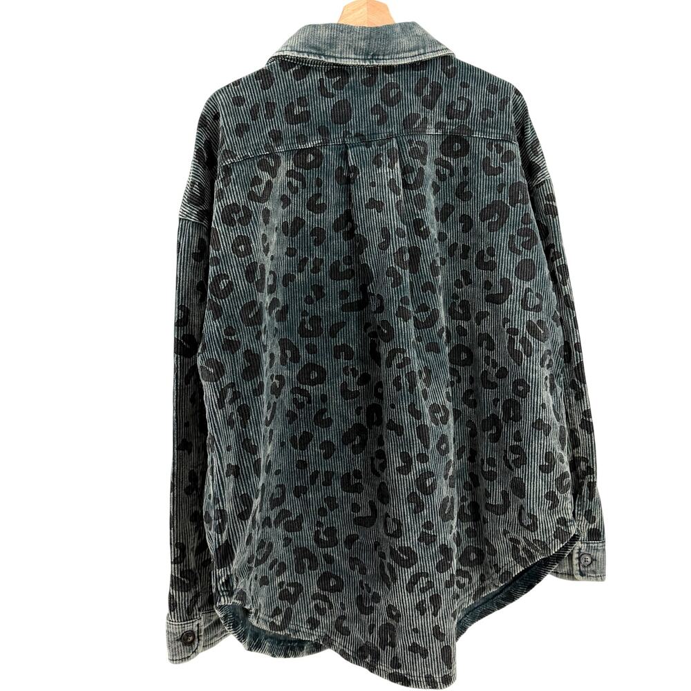 Bibi Vintage Washed Green Sage Corduroy Leopard Spot Button Down Shacket Jacket - Picture 6 of 8